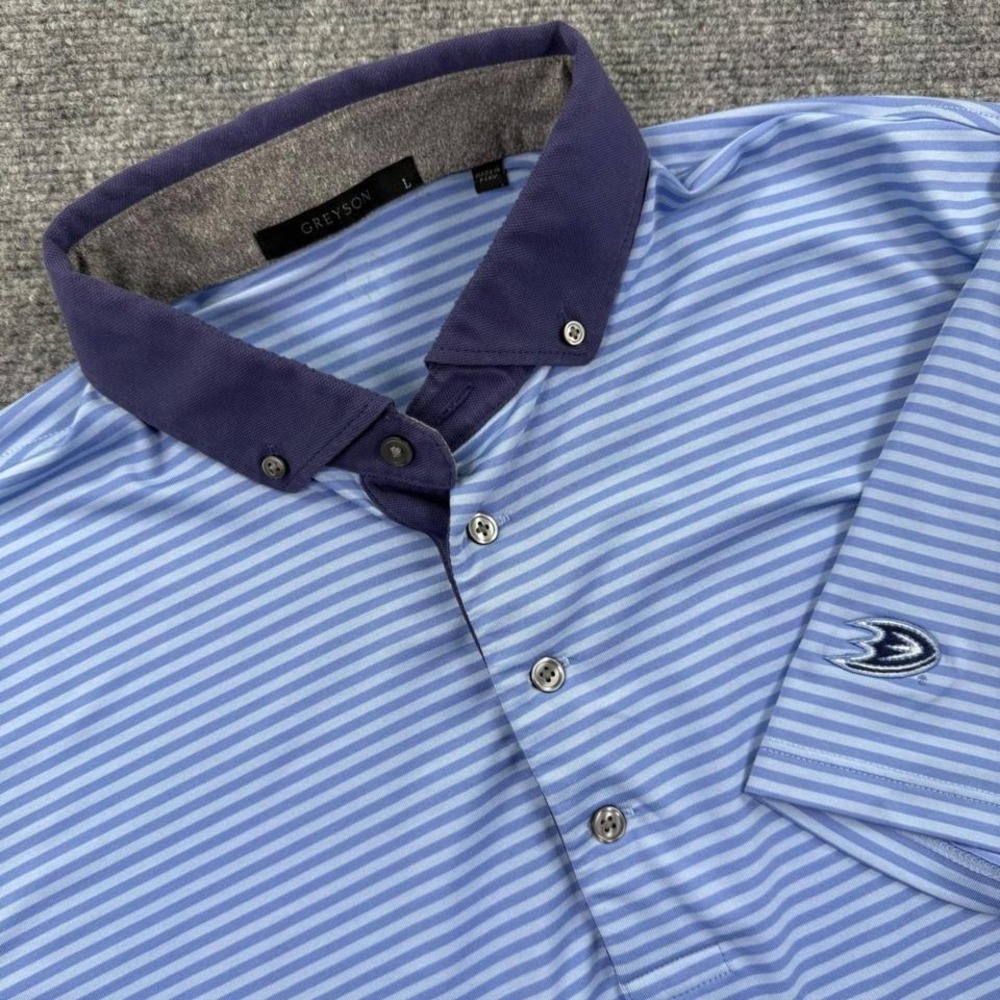 Greyson Polo Shirt Large Blue Striped Anaheim Ducks Golf Short Sleeve Men's